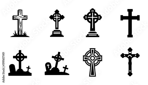 Gothic cemetery cross icons set, black gravestone and tombstone silhouettes, 8 religious funeral vector elements for memorial design