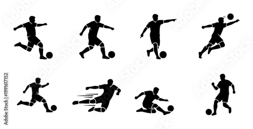 Soccer player silhouettes set, football athlete action poses collection, black vector icons of men playing soccer for sports design and team branding