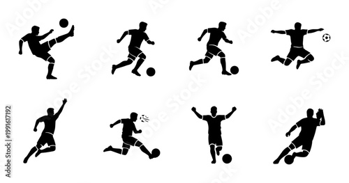 Soccer player silhouette collection, 8 football athlete vector icons, black male figures playing soccer, dynamic sports action poses for graphic design