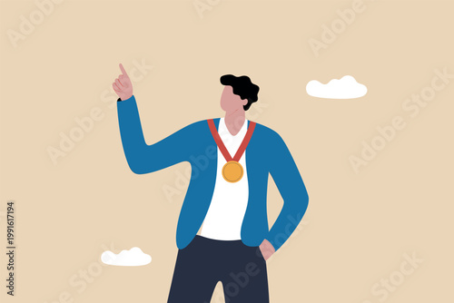 Successful man wearing a gold medal pointing upwards vector cartoon illustration isolated on transparent background