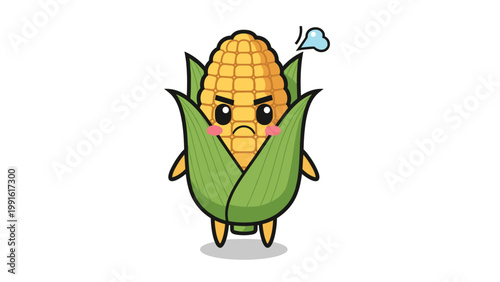 Angry corn on the cob character with steam coming from its head and blushing cheeks in a cute cartoon style illustration.