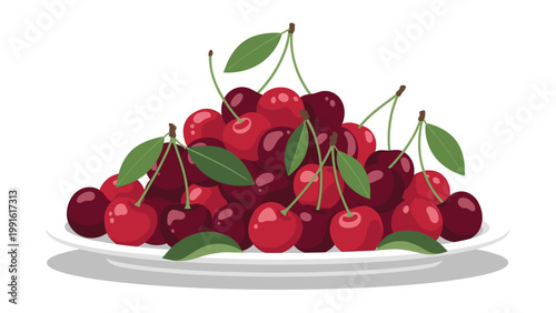 Large pile of ripe red and dark cherries with green leaves served on a white plate in a simple graphic illustration style.