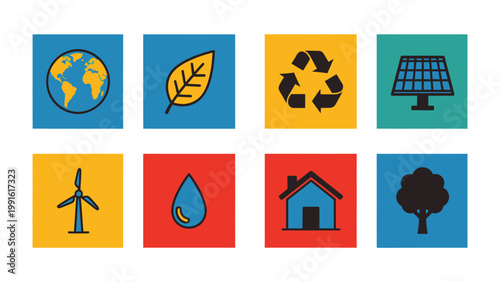 Environmental Icons of Change: A vibrant collection of icons representing eco-friendly initiatives and sustainable practices.