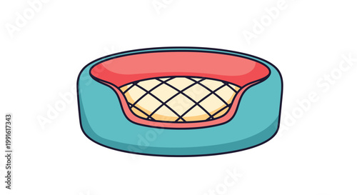 Cozy round pet bed illustration features a light blue exterior and a soft red interior with a quilted cream cushion.