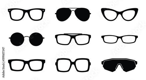 Modern eyewear silhouettes and sunglasses icons, set of 9 black vector glasses frames, stylish fashion optical accessories for vision and sun protection