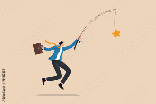 Businessman chasing a star with a fishing rod vector cartoon illustration isolated on transparent background