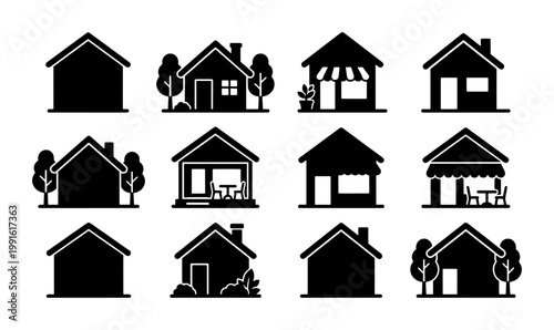 Minimalist house icon set, 12 black silhouette home symbols, residential building and real estate vector graphics for maps and web design