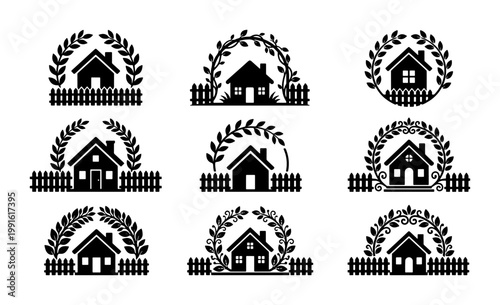 Real estate house logo set, black home icons with picket fence and laurel wreath, residential property branding vector collection