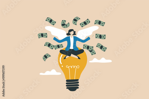 Businesswoman with angel wings meditating on a giant lightbulb with floating money vector cartoon illustration isolated on transparent background