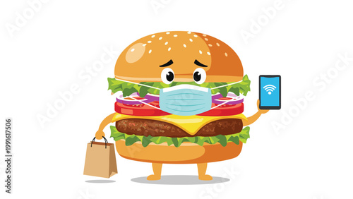 Burger character wearing a medical face mask and holding a paper bag and smartphone for food delivery service concepts during pandemic.