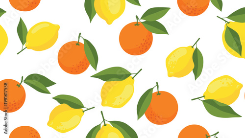 Seamless background pattern of bright oranges and yellow lemons with green leaves scattered randomly for fresh summer designs.