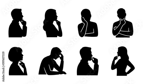 Thinking people silhouettes set, diverse men and women in thoughtful poses, black profile icons of pensive characters for psychology and business concepts