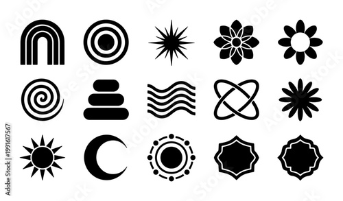 Minimalist boho geometric icons, set of 15 black abstract celestial and nature symbols, modern aesthetic vector elements for branding and logo design