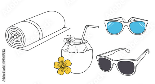 Beach holiday essentials include a rolled towel, a coconut cocktail with a straw, and two pairs of stylish sunglasses.