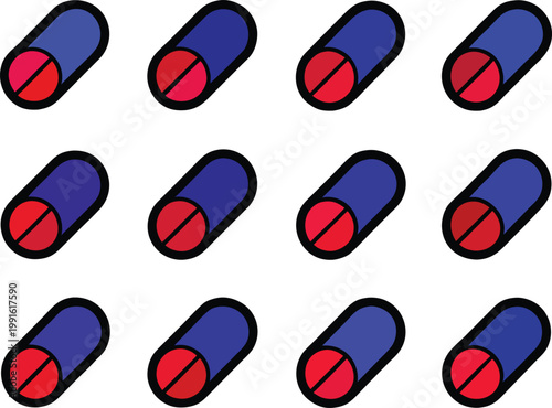 Colorful blue and red pills on in various orientations