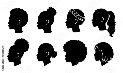 Black woman hair silhouette set, 8 African American female profile icons with diverse natural hairstyles, curly afro and braided hair vector collection
