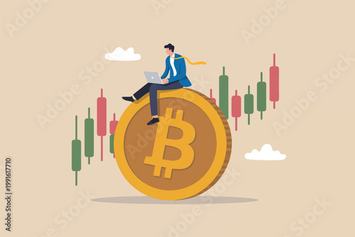 Cuadro en lienzo Businessman sitting on a large bitcoin coin analyzing financial market charts ve