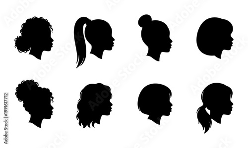 Black woman silhouette head profile set, 8 female hairstyle icons with curly and straight hair, African American lady face side view vector collection