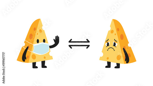 Two cute cheese slice characters maintaining social distance where one wears a mask and the other looks worried on a white background.