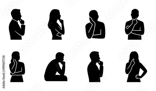 Thinking people silhouettes set, 8 black vector icons of men and women in pensive poses, human figures contemplating and making decisions