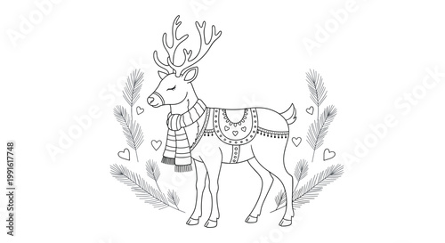 Charming Christmas coloring sheet depicts a reindeer wearing a cozy scarf and a decorated saddle among pine needles.