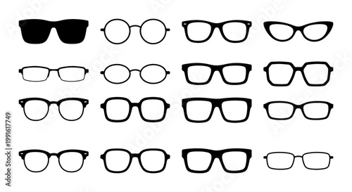 Minimalist eyeglasses frames collection, 16 black spectacles vector icons, modern eyewear fashion silhouettes for optical shop branding and vision care