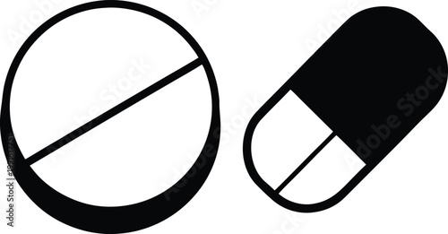 Black vector icons of a circle pill and capsule