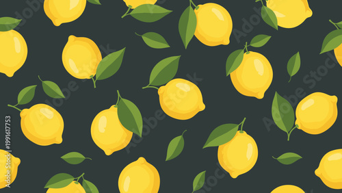 Seamless pattern of yellow lemons and green leaves scattered over a dark grey background for modern textile and wallpaper designs.