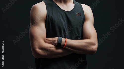 Athletic man with muscular arms wearing a black tank top and fitness trackers, standing with arms crossed against a dark background