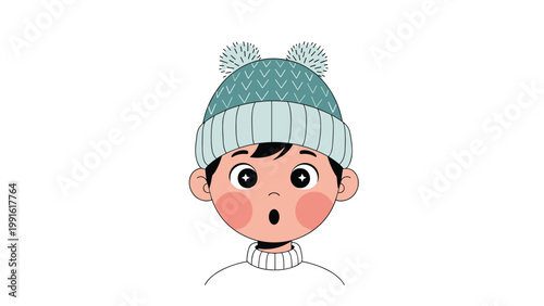 Surprised little boy wearing a blue and white winter hat with pom poms looking shocked with his mouth open in a cute illustration.