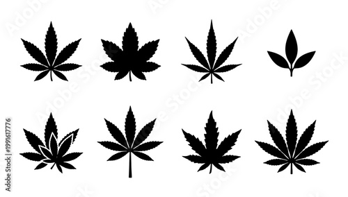 Cannabis leaf silhouette collection, set of 8 black marijuana leaf icons, medical hemp plant vector graphics for dispensary branding and cbd packaging
