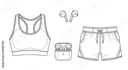 Collection of athletic gear line drawings featuring a sports bra, wireless earbuds with case, and running shorts for fitness enthusiasts.