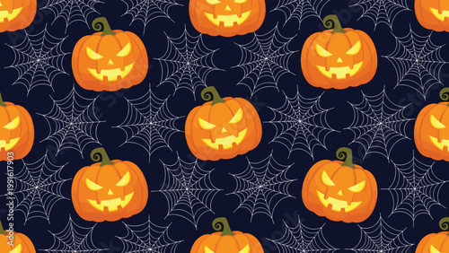 Halloween seamless pattern featuring orange jack-o-lantern pumpkins with scary faces and white spider webs on dark blue.
