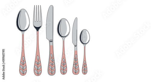 Elegant silverware set of spoons, forks, and knives features a delicate leaf pattern on the pink-toned handles.