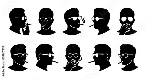 Smoking man silhouette set with sunglasses, 10 male head profile icons with cigarettes, black and white man smoking vector collection for noir graphics