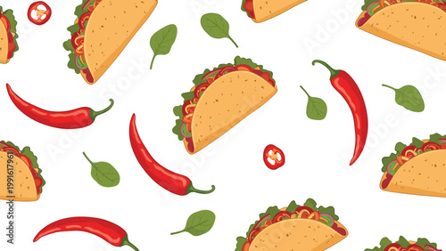 Seamless food pattern with delicious tacos, red chili peppers, spinach leaves, and jalape�o slices on a white background.