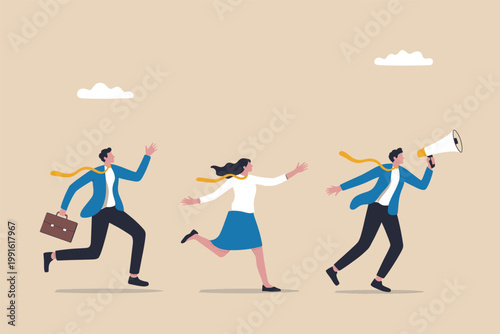 Business leader using megaphone to direct employees vector cartoon illustration isolated on transparent background