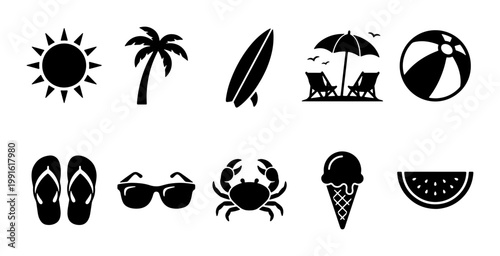 Summer beach icon set, black minimalist vacation symbols vector, tropical holiday elements including sun palm tree surfboard and sunglasses