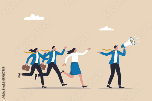 Business leader using megaphone to direct employees vector cartoon illustration isolated on transparent background