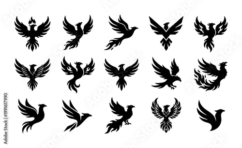 Phoenix bird silhouette icons, set of 15 mythical firebird vector graphics, black eagle and hawk logo elements, fantasy creature branding symbols