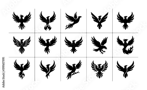 Phoenix bird logo set, 15 mythical firebird vector icons, black silhouette eagle and hawk symbols, majestic flying bird illustrations for branding