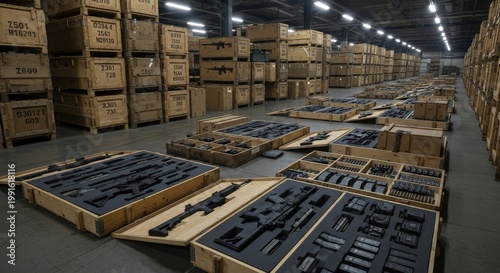 Military Rifles and Equipment Stored in a Vast Warehouse