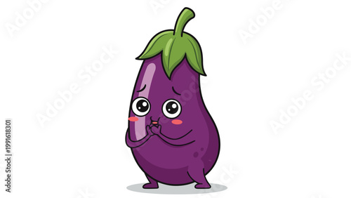 Adorable and shy cartoon eggplant character with large expressive eyes and a blushing face on a white background.
