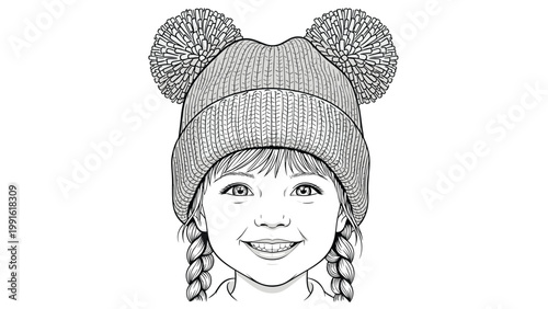 Black and white line art sketch of a smiling young girl wearing a knitted winter hat with two large decorative pom-poms.