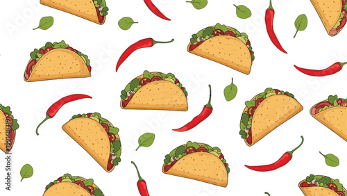 Seamless food pattern featuring delicious mexican tacos with fresh vegetables, red chili peppers, and green leaves.
