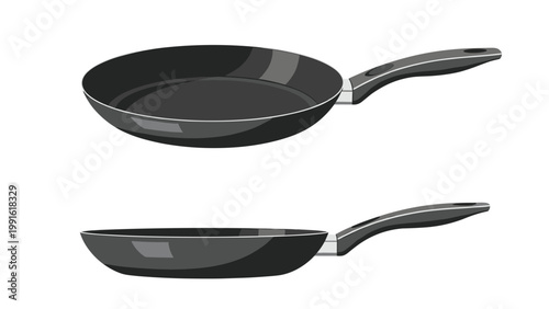Detailed top and side views of two modern black non-stick frying pans with long handles isolated on a white background.