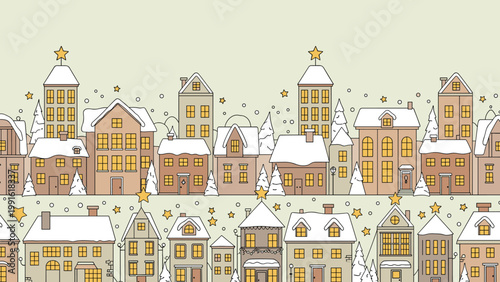 Cozy winter town landscape showing rows of houses with snow-covered roofs under a starry sky during Christmas season.