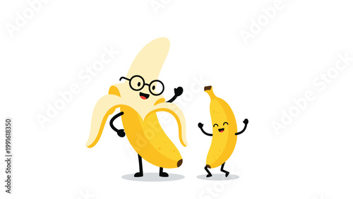 Two happy cartoon banana characters including one wearing glasses and waving with its hand on a white background.