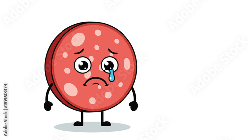 Sad cartoon pepperoni slice character with a single blue tear running down its unhappy face on a white background.