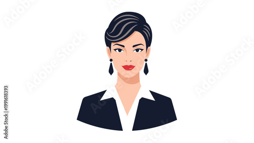 Professional portrait of a sophisticated woman with dark hair wearing a stylish black business suit and earrings.
